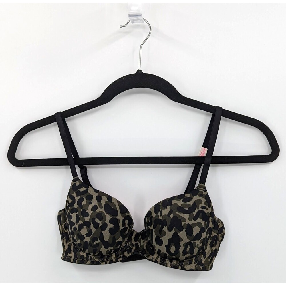 Victoria's Secret PINK Bra Women's 32A Green Black Camouflage Lightly Lined